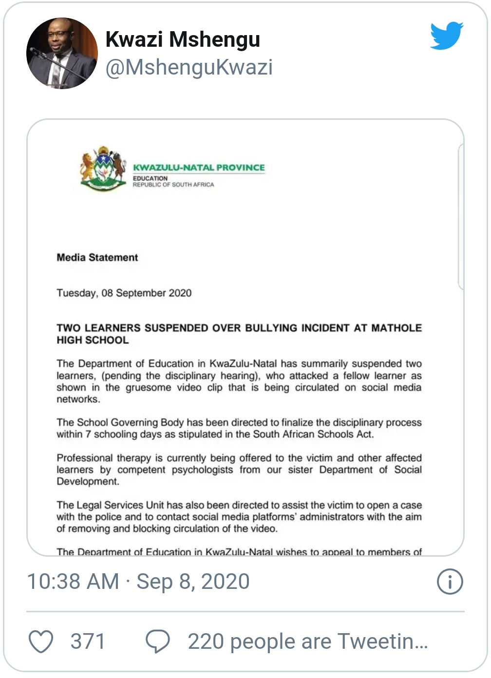 KZN department of education responds to female bully arrested for assaulting mate